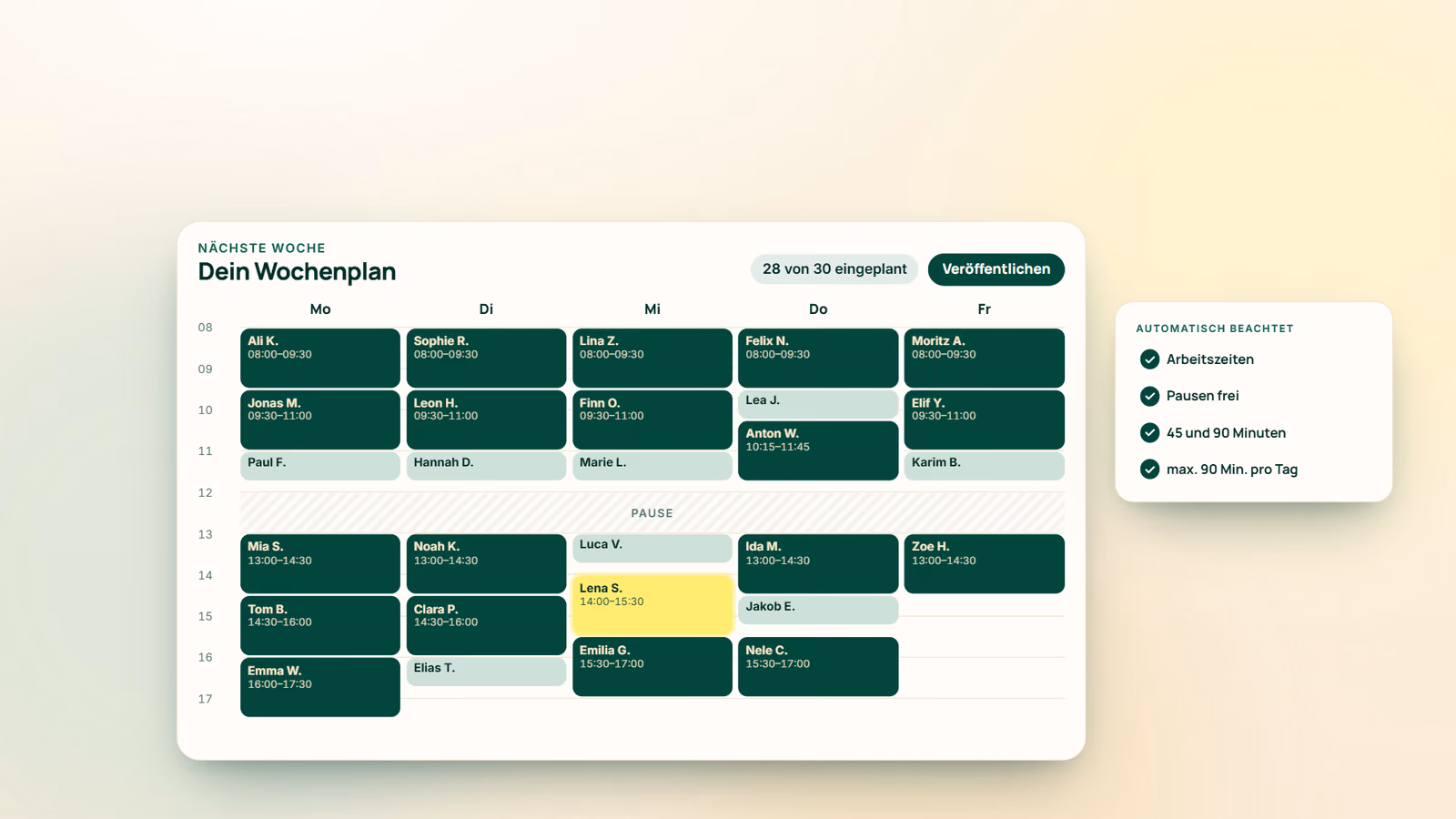 Der fertige Wochenplan: 28 von 30 Schülern eingeplant